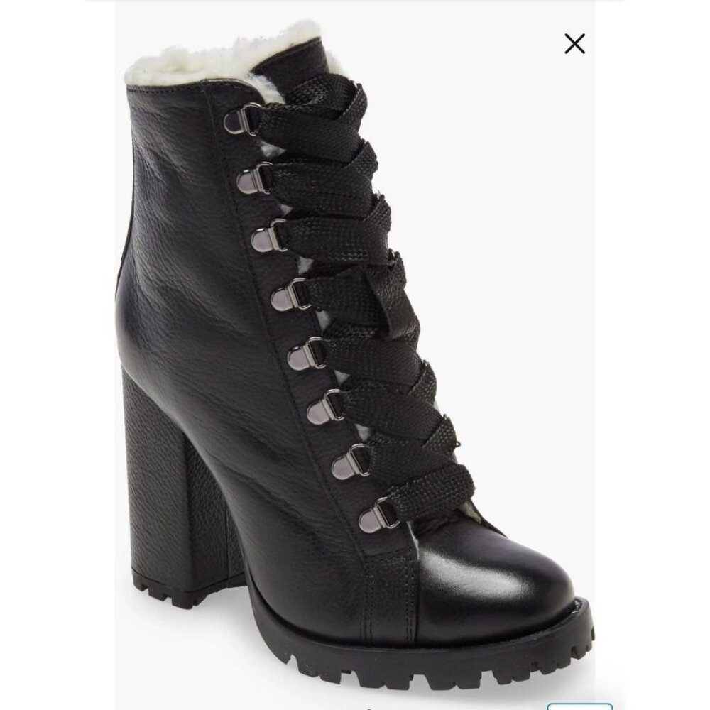 Schultz Zhara Black Lace Sherpa Stacked Lug Leather Boots 7 NEW $250 Moto Boho